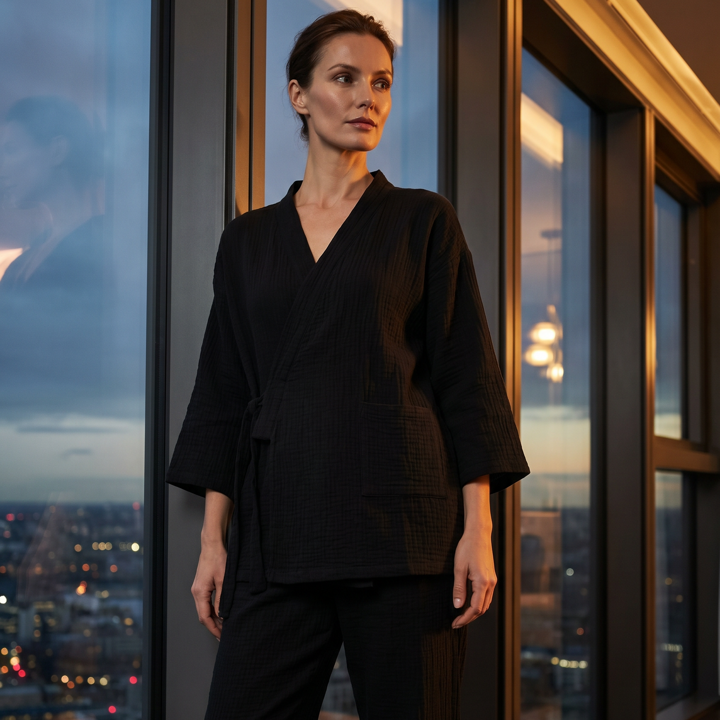 Woman in a black outfit standing in front of large windows with a cityscape view.