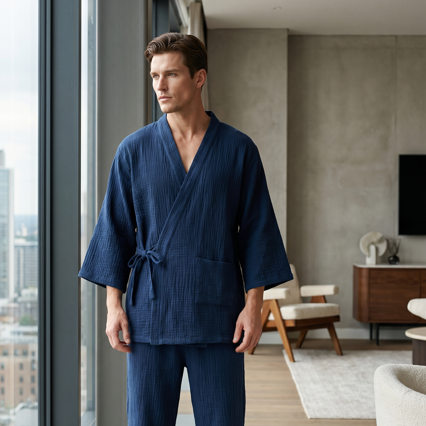 Man wearing a blue kimono standing in a modern living room.