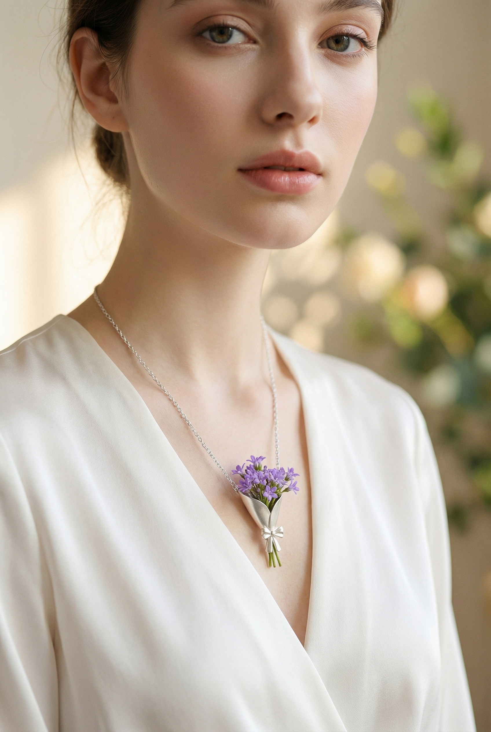Woman wearing a delicate necklace with a small bouquet of flowers against a blurred natural background