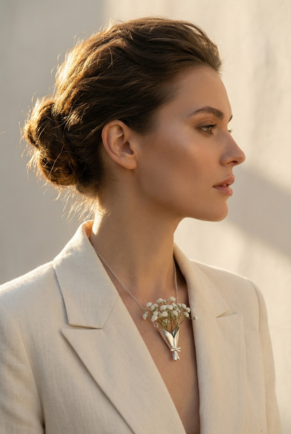 Woman wearing a necklace with a small bouquet of flowers against a neutral background