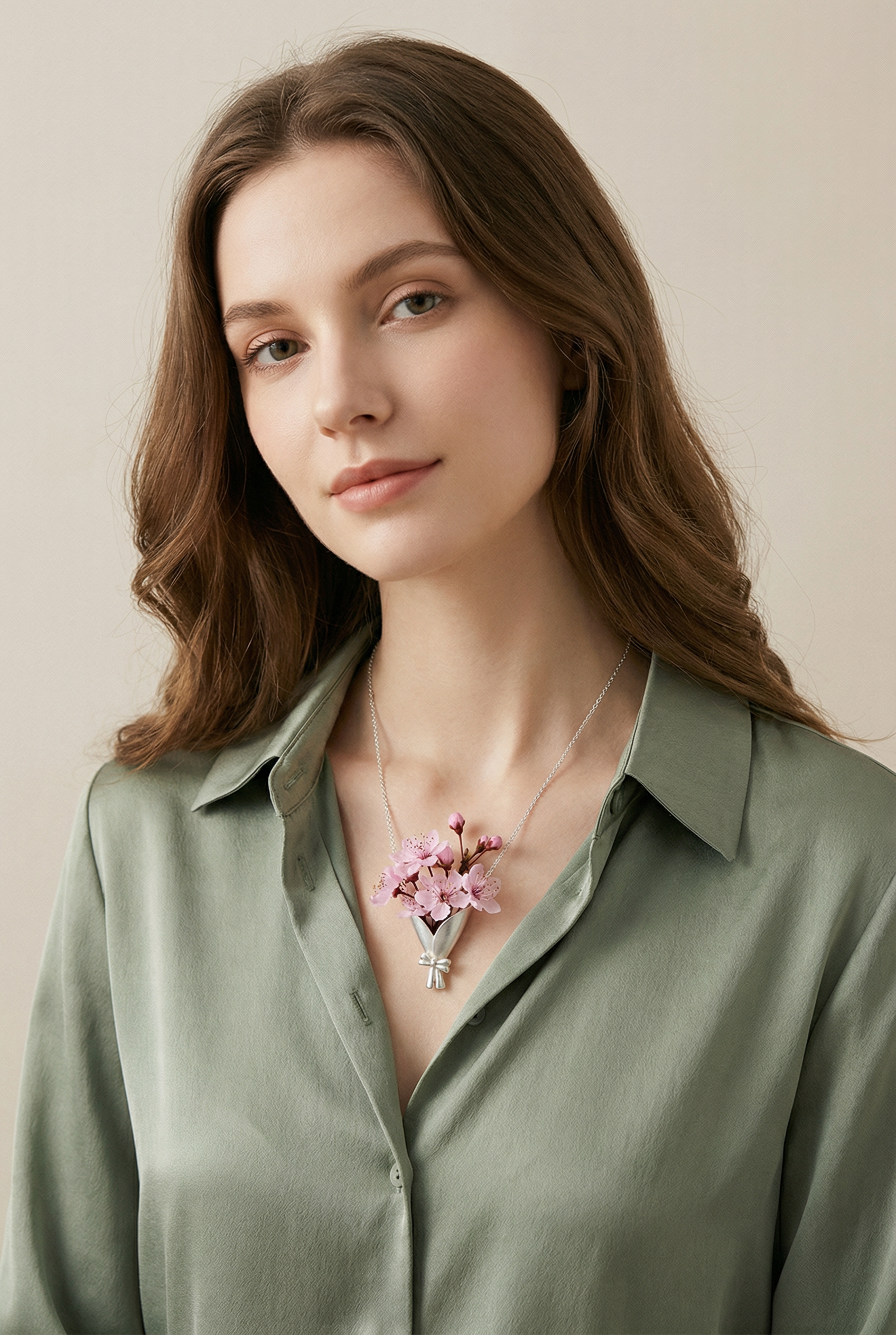Woman wearing a green shirt with a floral necklace against a beige background