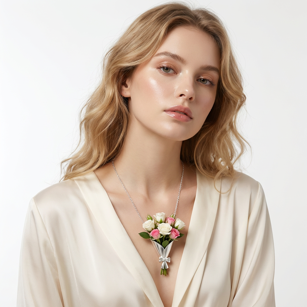 Woman wearing a necklace with a floral pendant against a white background
