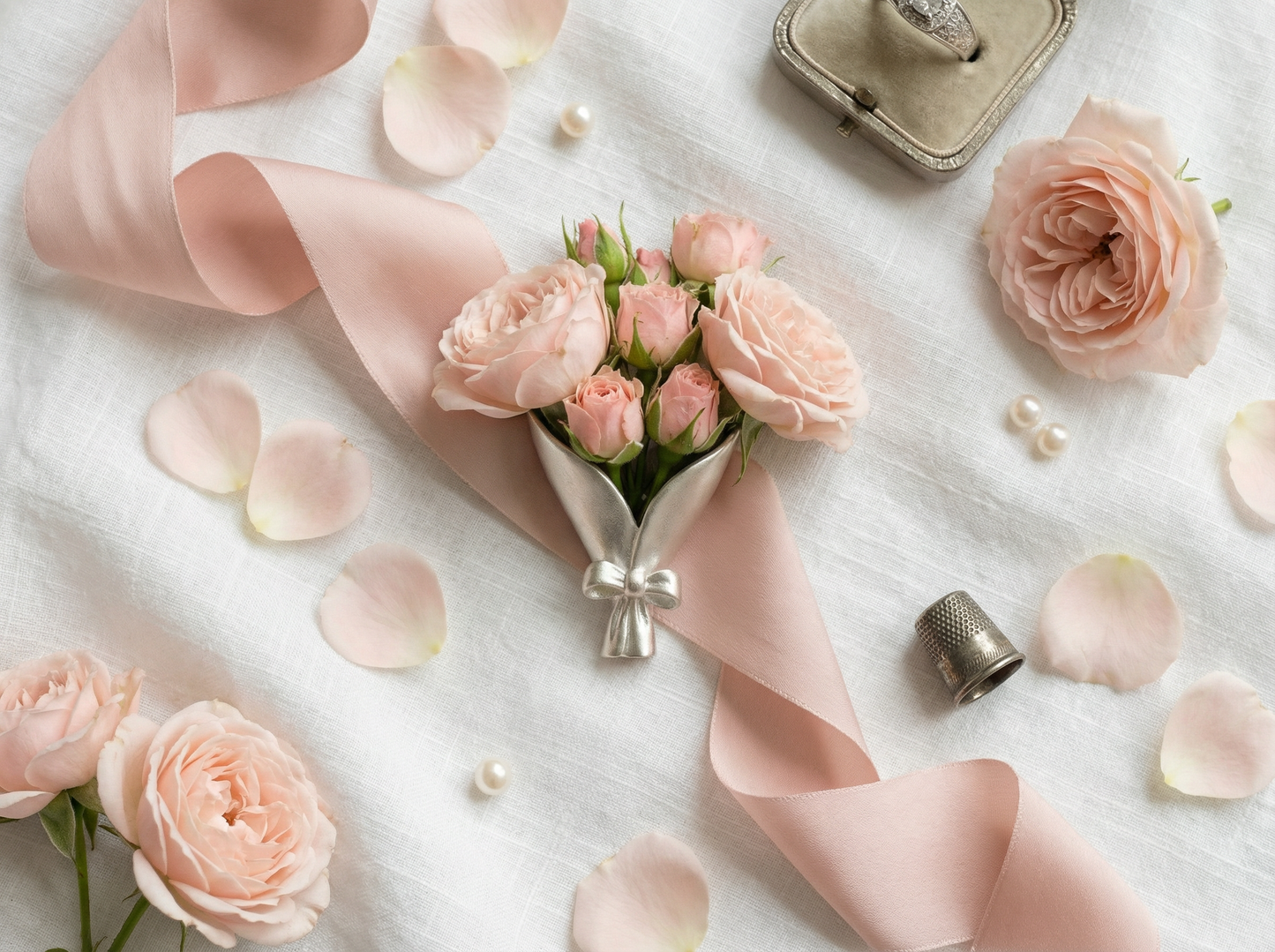 Bouquet of pink roses with ribbons and scattered petals on a light background
