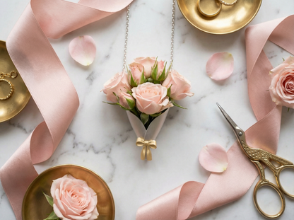 Small bouquet of pink roses with decorative ribbons and scissors on a marble surface