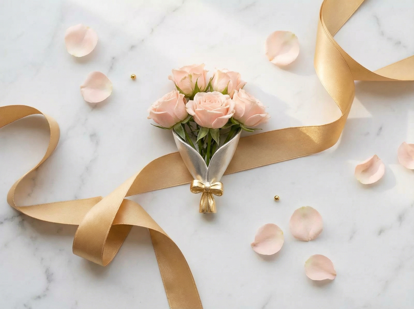 Bouquet of pink roses with a gold ribbon on a marble surface