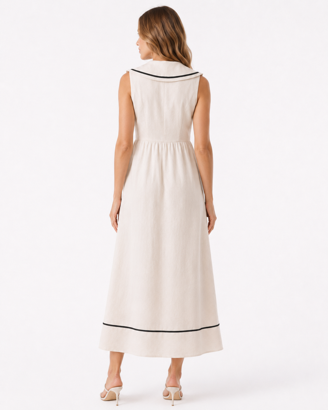 Nautical V-Neck Sleeveless Midi Dress with Contrast Trim