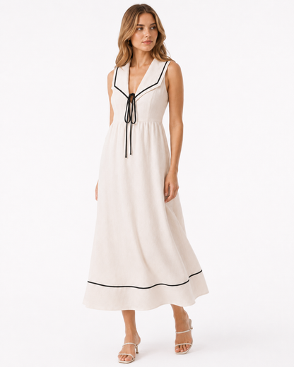 Nautical V-Neck Sleeveless Midi Dress with Contrast Trim