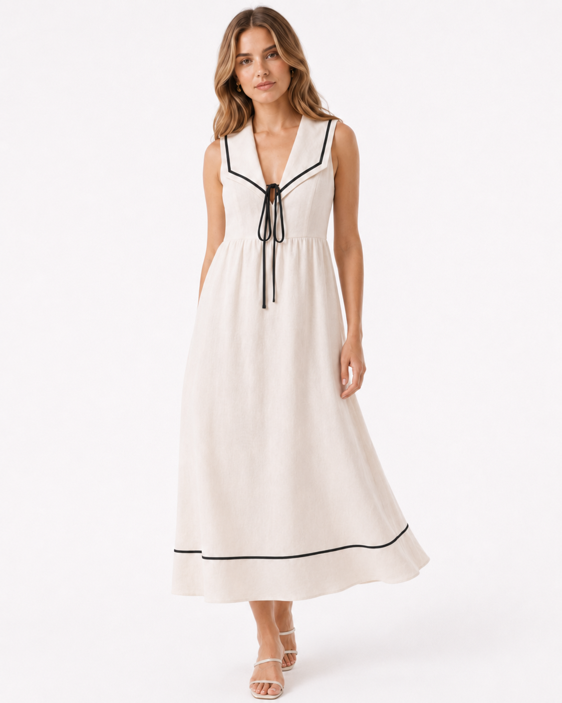 Nautical V-Neck Sleeveless Midi Dress with Contrast Trim
