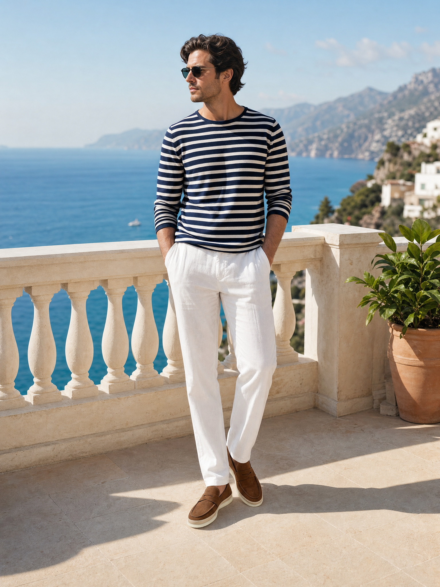 Brown suede driving loafers styled with white linen trousers on a Riviera terrace