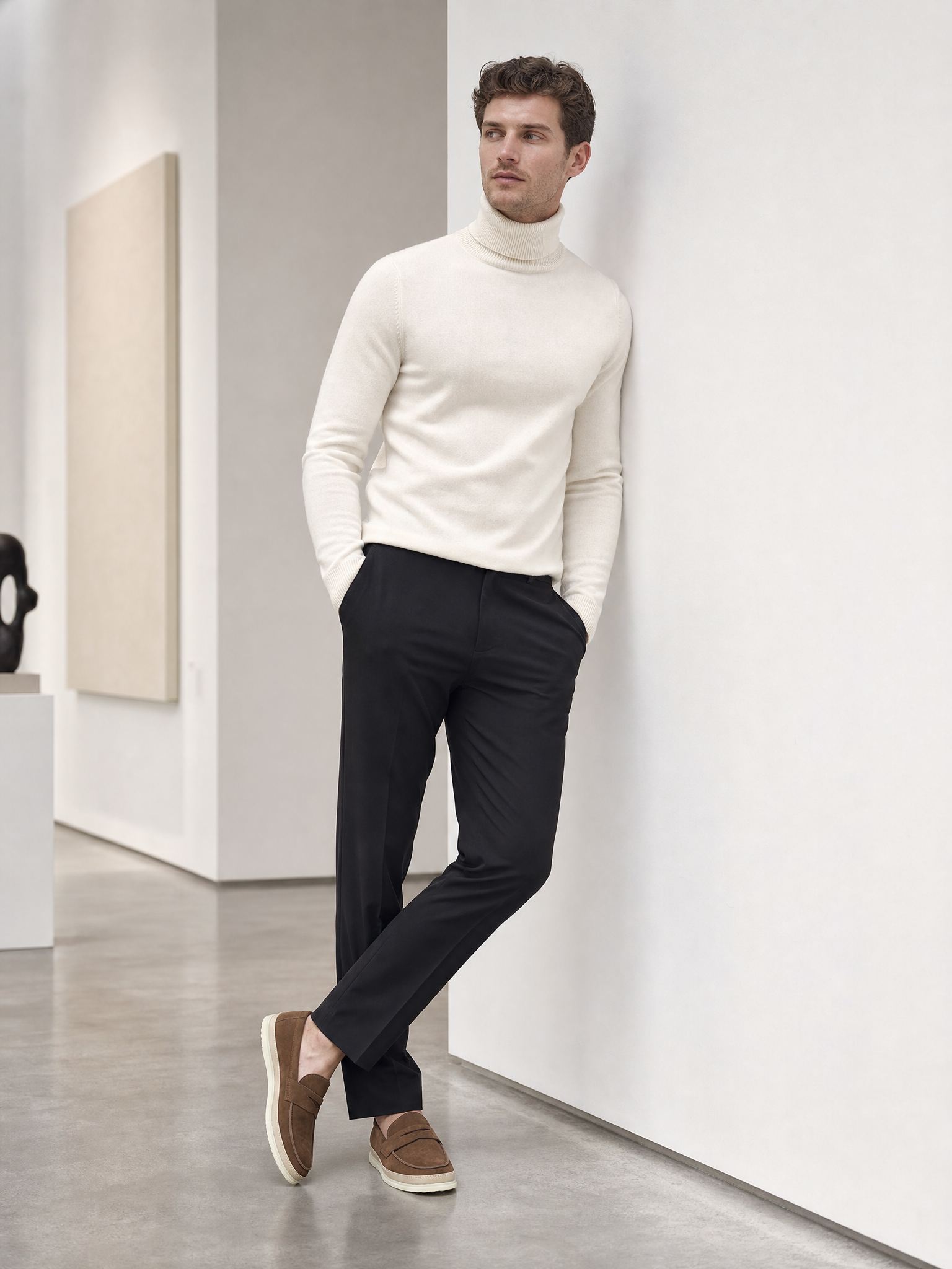 Brown suede loafers styled in a clean modern gallery setting