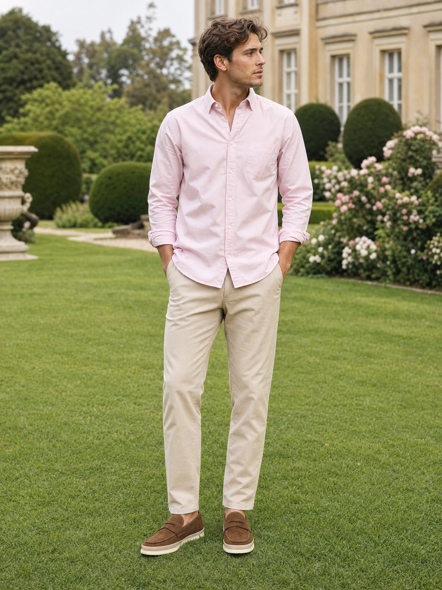 Brown suede loafers styled for a garden party outfit