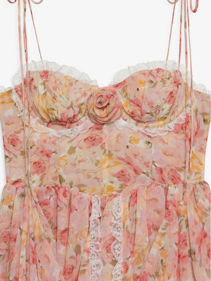 Floral dress with lace details on a white background