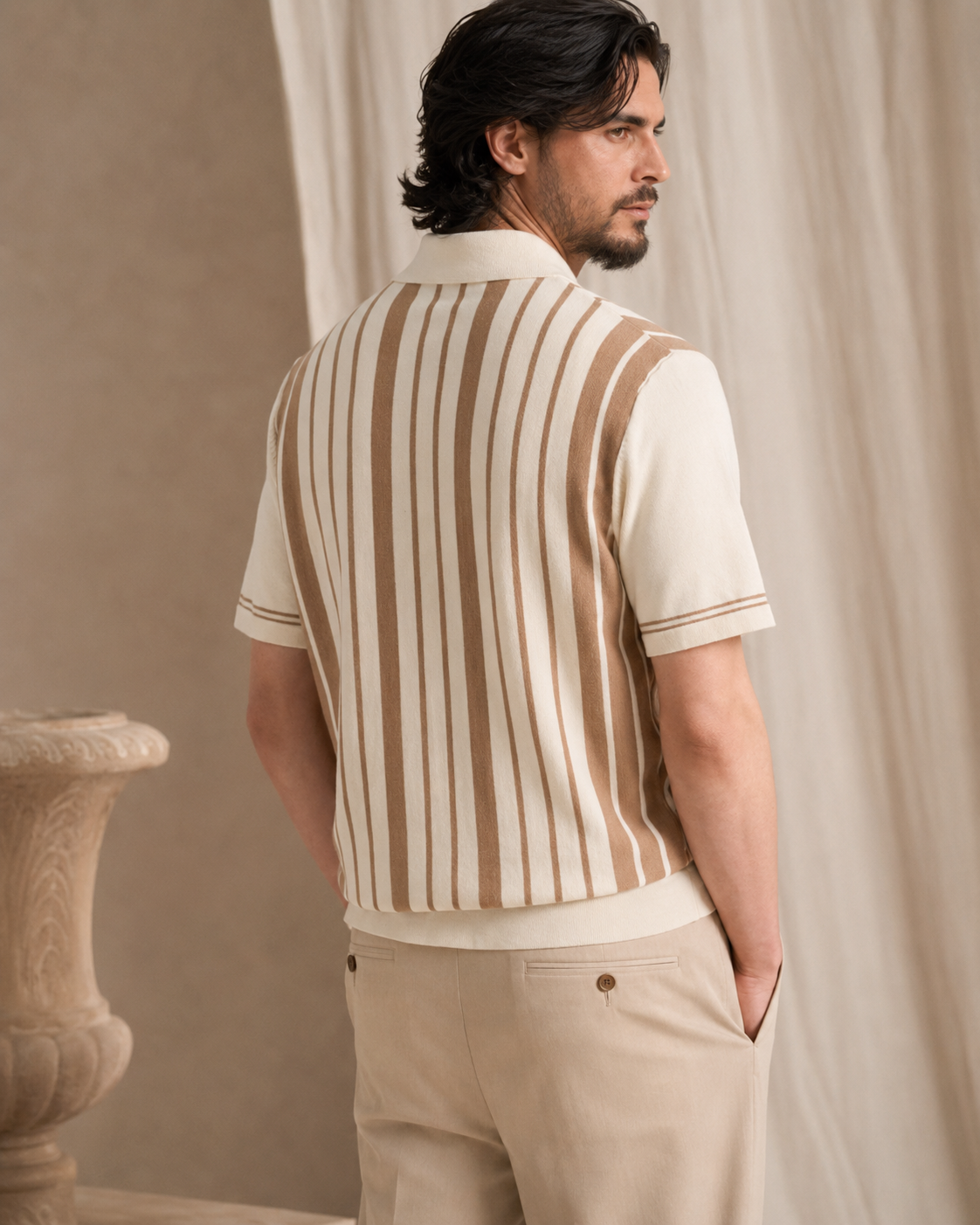 The Riviera Striped Cotton Knit Cardigan Zip Polo Shirt