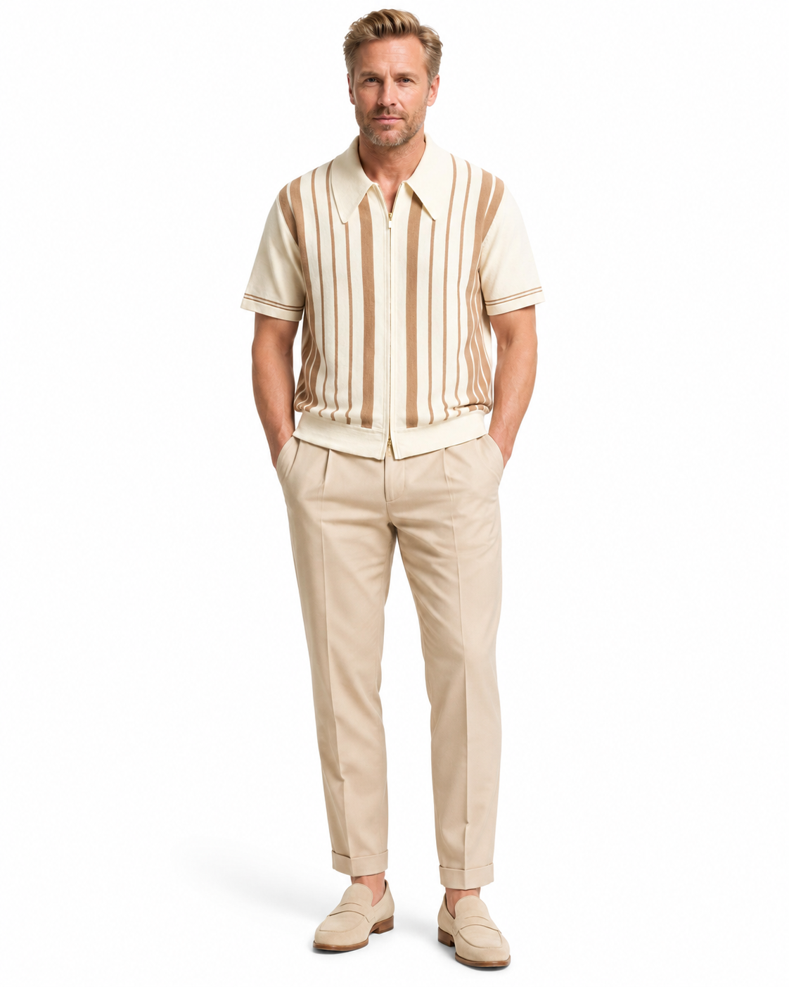 The Riviera Striped Cotton Knit Cardigan Zip Polo Shirt