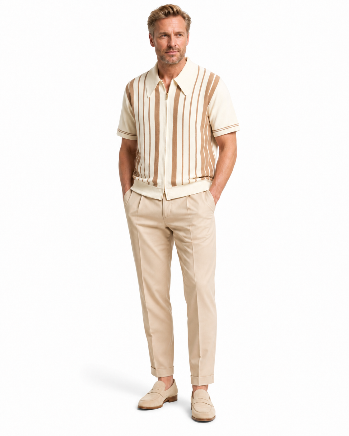 The Riviera Striped Cotton Knit Cardigan Zip Polo Shirt