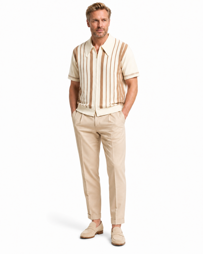 The Riviera Striped Cotton Knit Cardigan Zip Polo Shirt