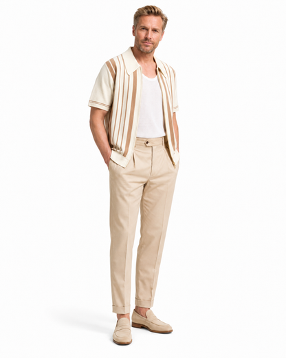 The Riviera Striped Cotton Knit Cardigan Zip Polo Shirt