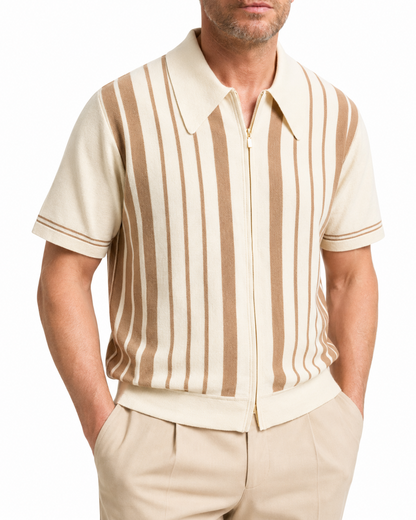 The Riviera Striped Cotton Knit Cardigan Zip Polo Shirt