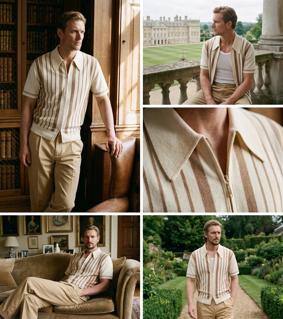 The Riviera Striped Cotton Knit Cardigan Zip Polo Shirt