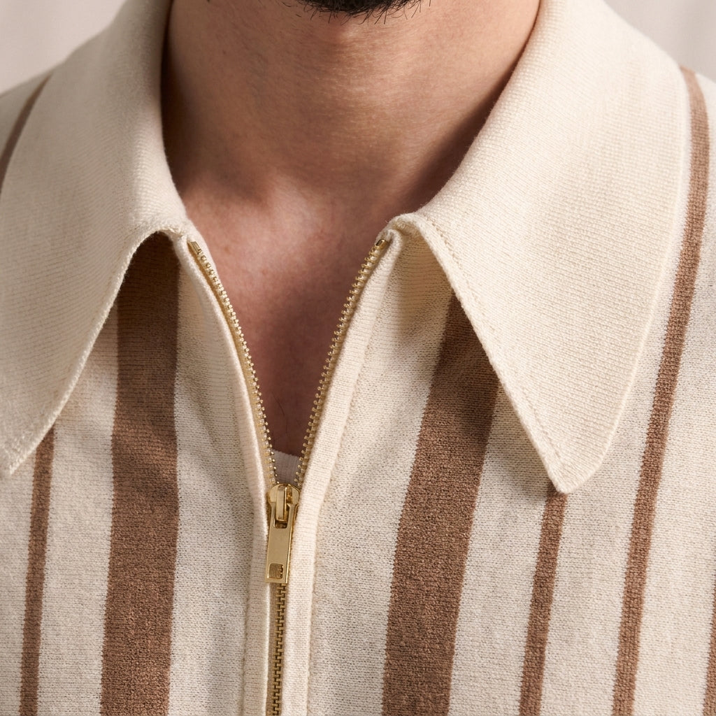 The Riviera Striped Cotton Knit Cardigan Zip Polo Shirt