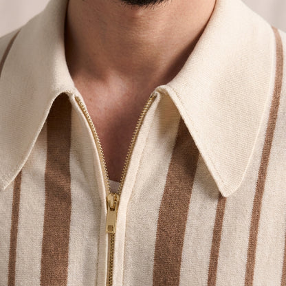 The Riviera Striped Cotton Knit Cardigan Zip Polo Shirt
