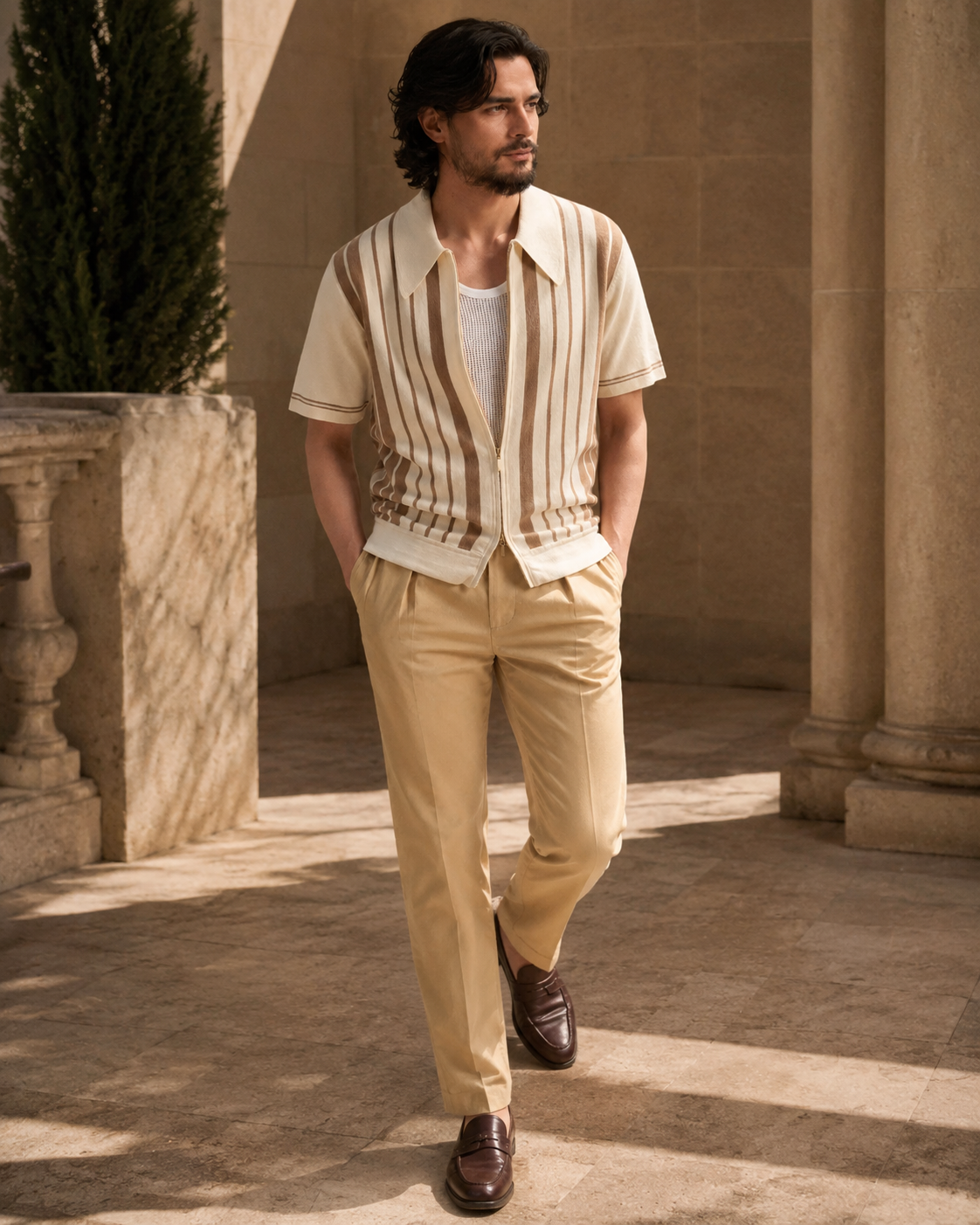 The Riviera Striped Cotton Knit Cardigan Zip Polo Shirt