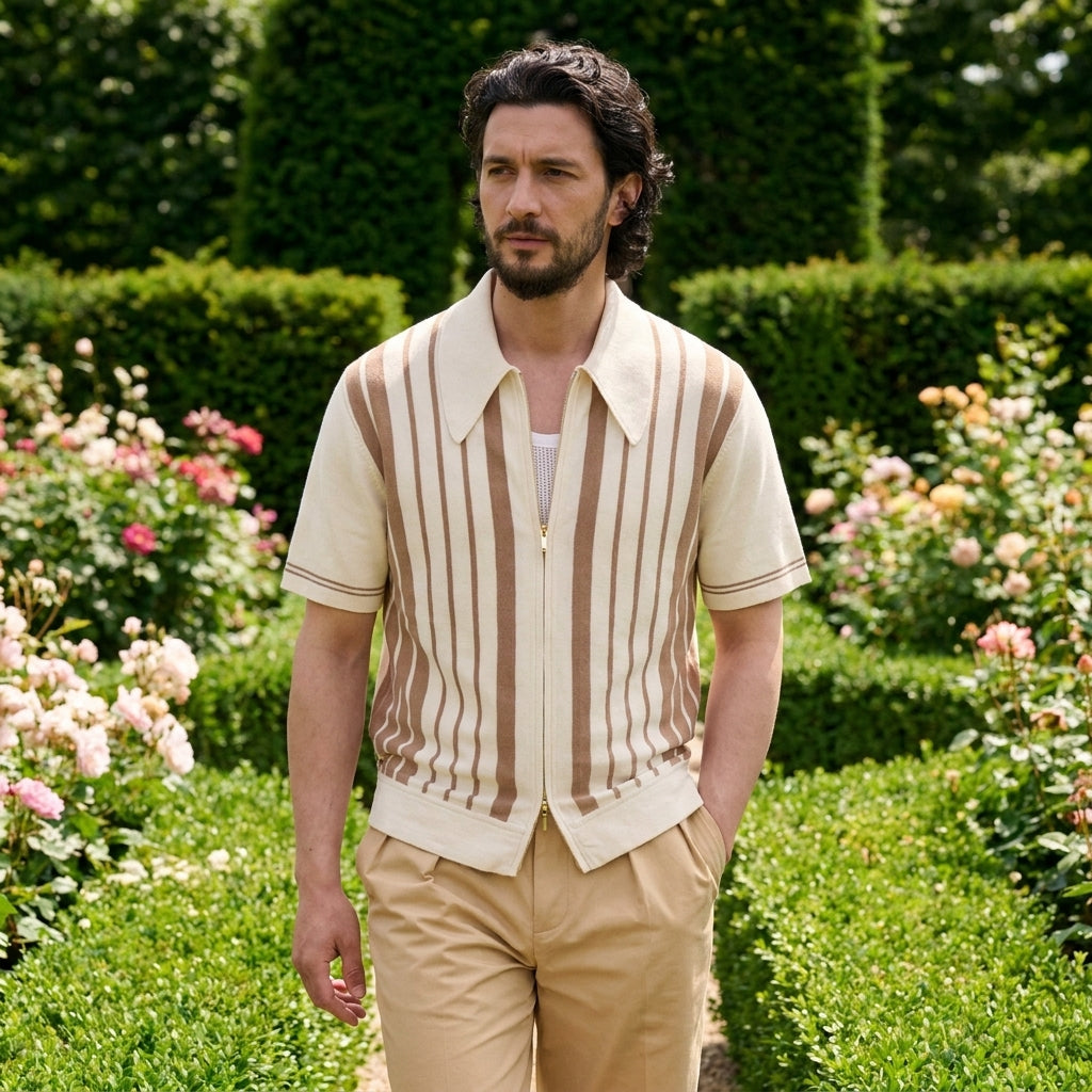 The Riviera Striped Cotton Knit Cardigan Zip Polo Shirt