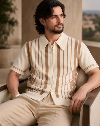 The Riviera Striped Cotton Knit Cardigan Zip Polo Shirt
