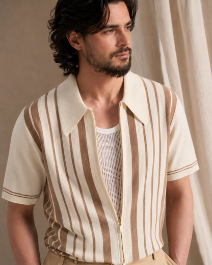 The Riviera Striped Cotton Knit Cardigan Zip Polo Shirt