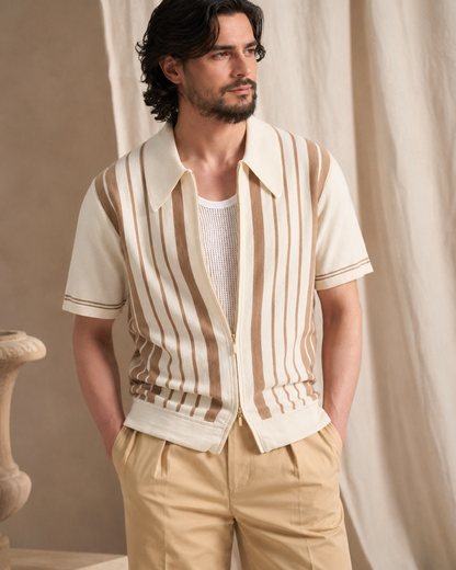 The Riviera Striped Cotton Knit Cardigan Zip Polo Shirt
