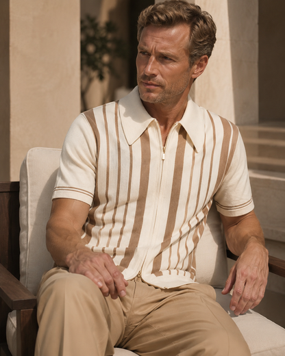 The Riviera Striped Cotton Knit Cardigan Zip Polo Shirt
