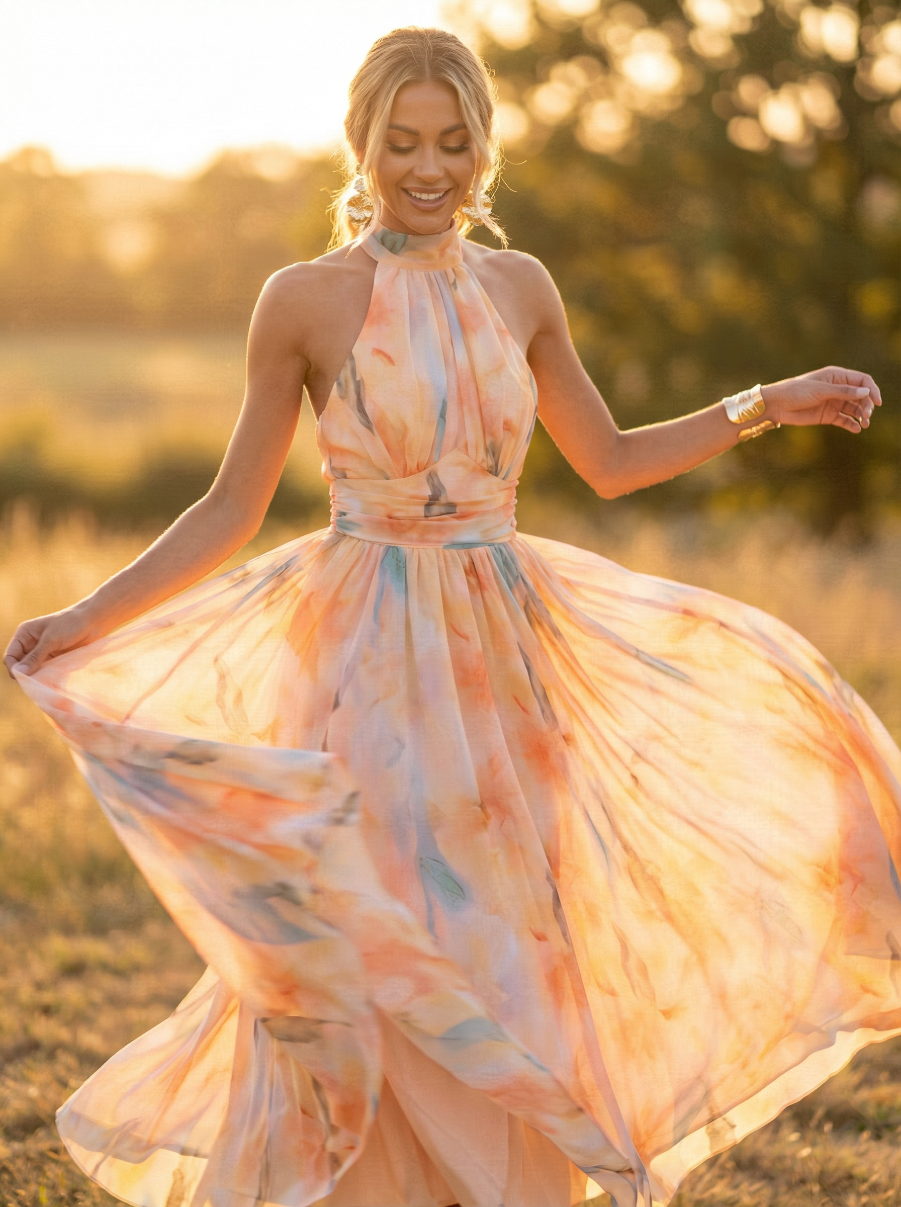 Woman in a flowing dress standing in a field with a warm, blurred background