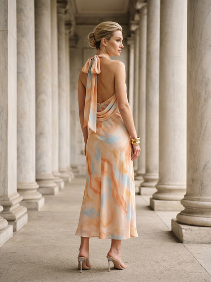 Woman in a colorful dress standing in a classical architecture setting with columns.
