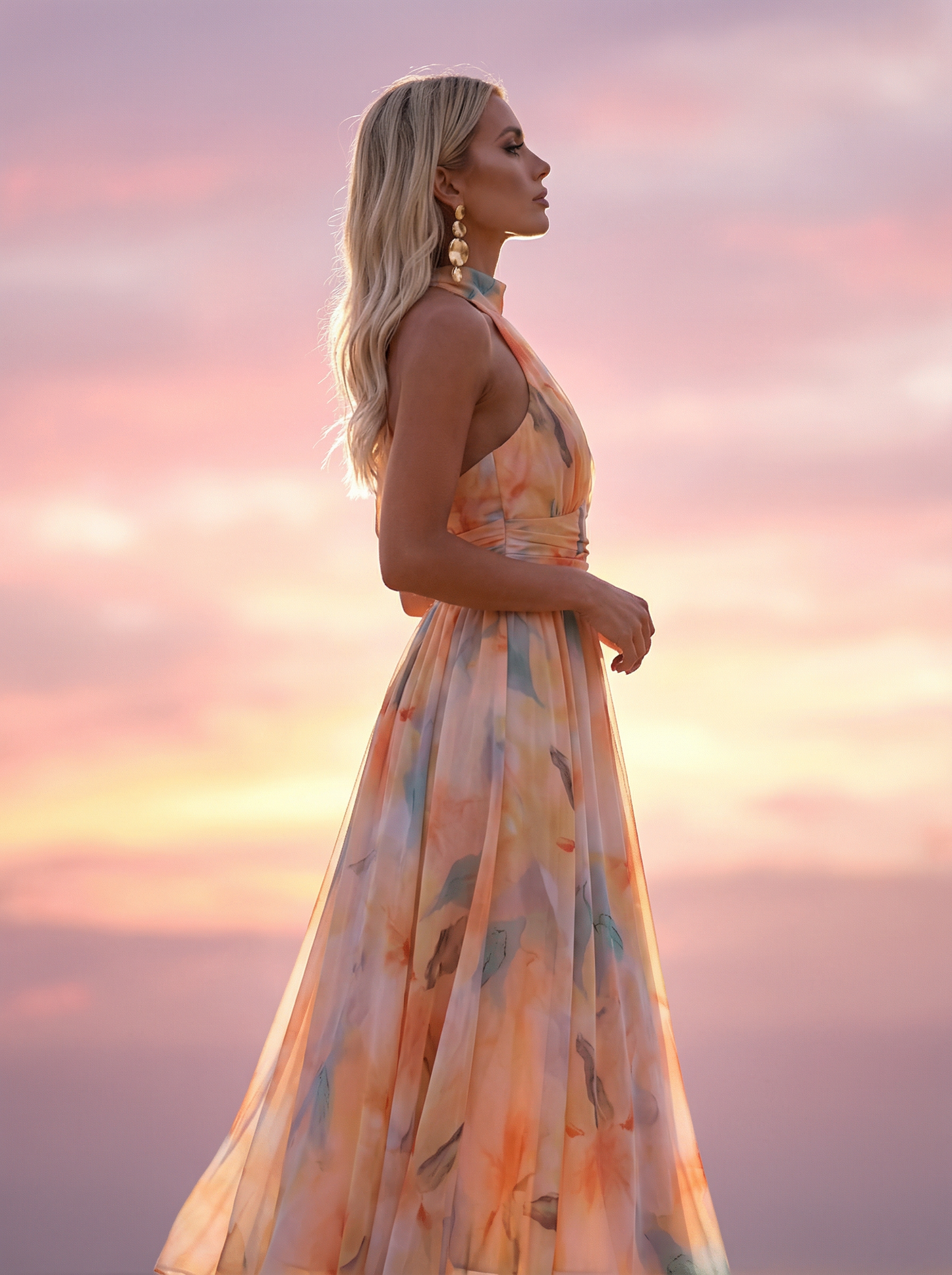 Woman in a colorful dress standing against a sunset sky