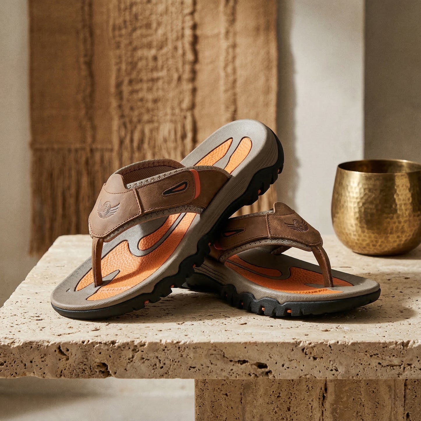 Pair of brown sandals with orange accents on a stone surface.