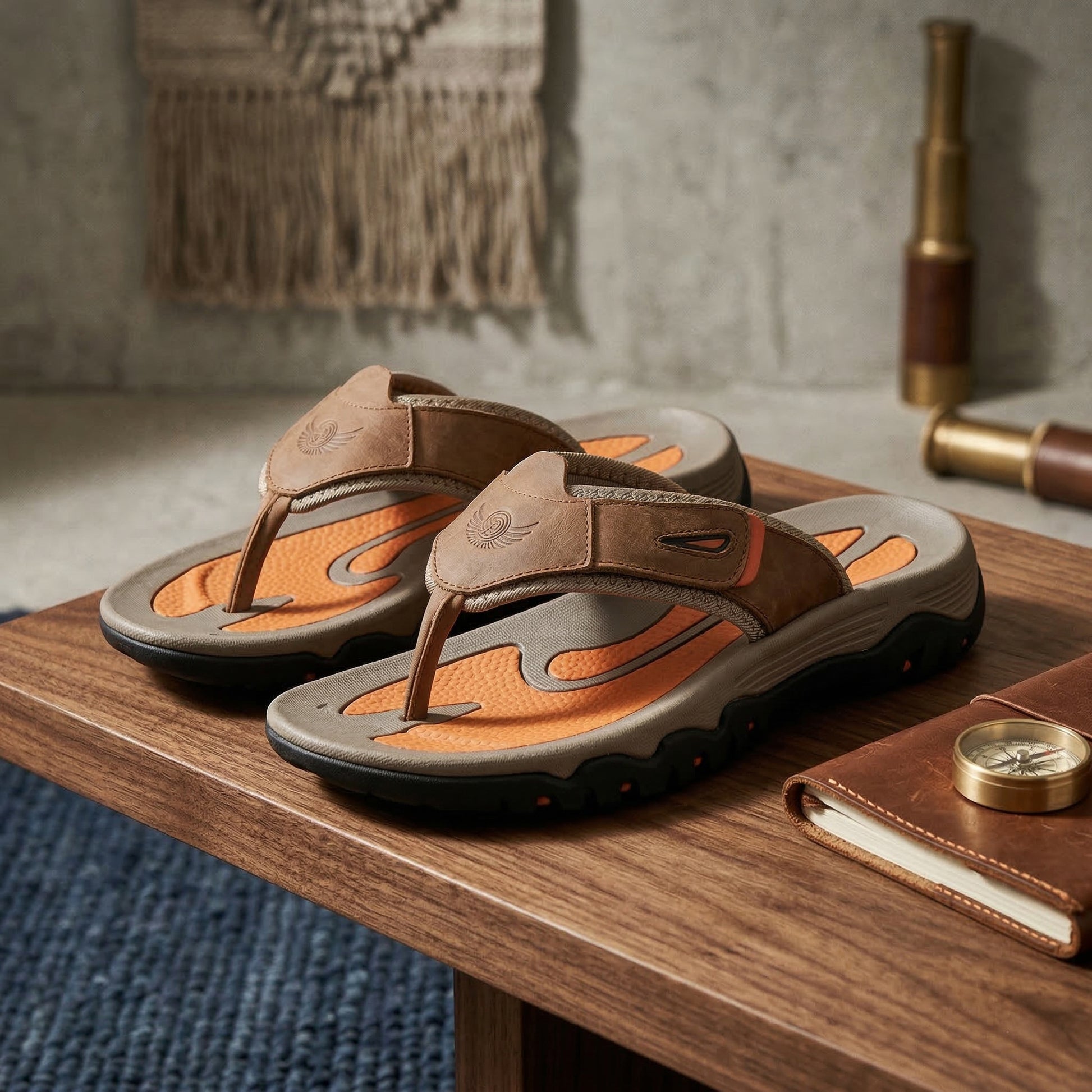 Brown sandals with orange soles on a wooden surface with a blurred background