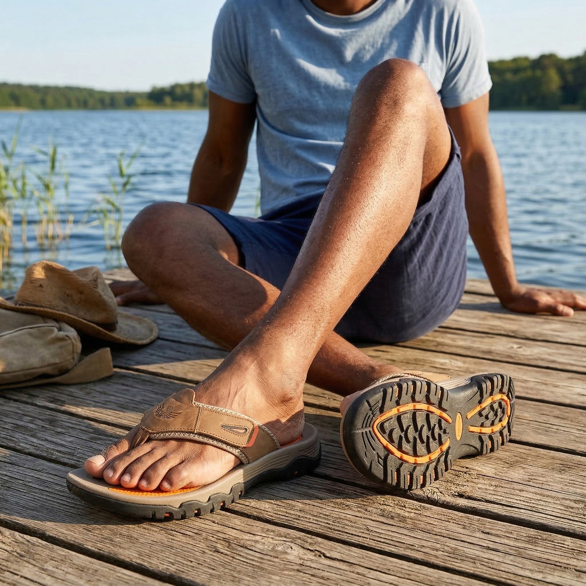 Person sitting on a dock by a lake wearing sandals with a focus on the sandal design.