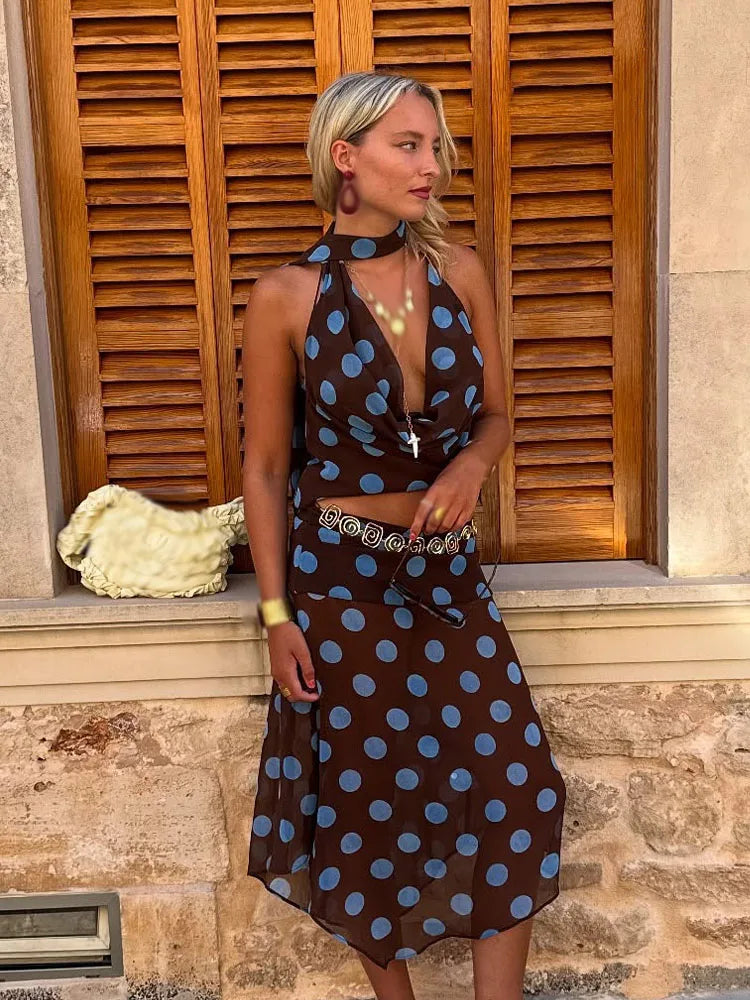HH Women New Pleated Sleeveless Hanging Neck Collar Top+Summer Elegant Asymmetric  A-Line Zipper Midi Skirt Wave Point Suit
