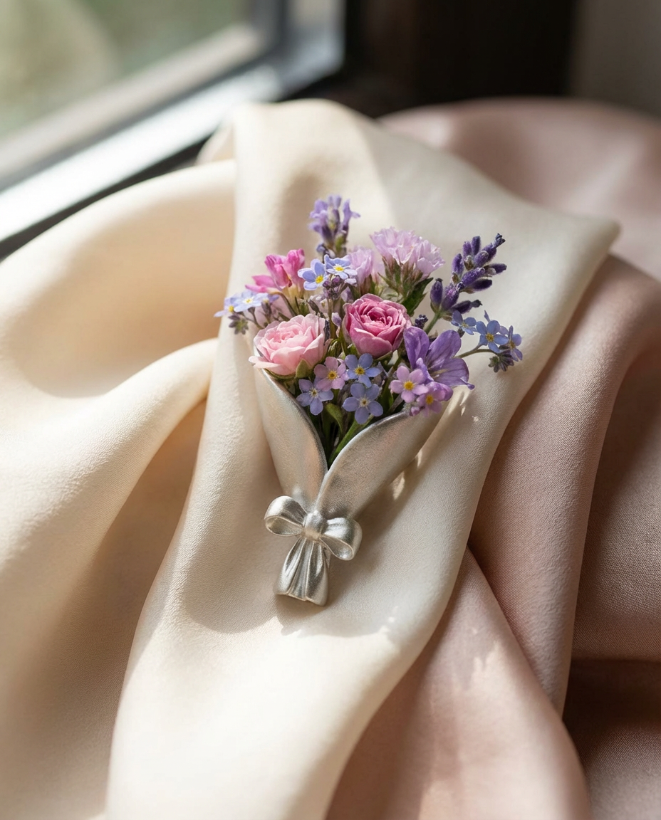 Floral arrangement with a silver bow on a white fabric background