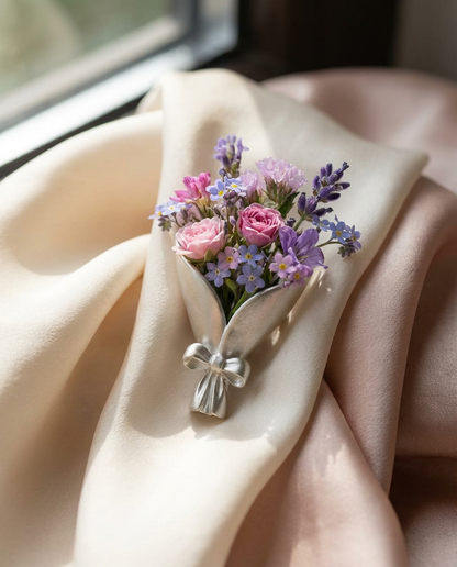 Floral arrangement with a silver bow on a white fabric background