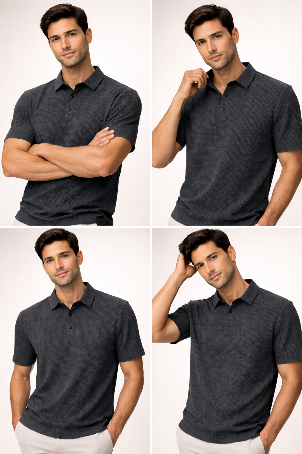 Four poses of a man wearing a dark gray polo shirt on a white background