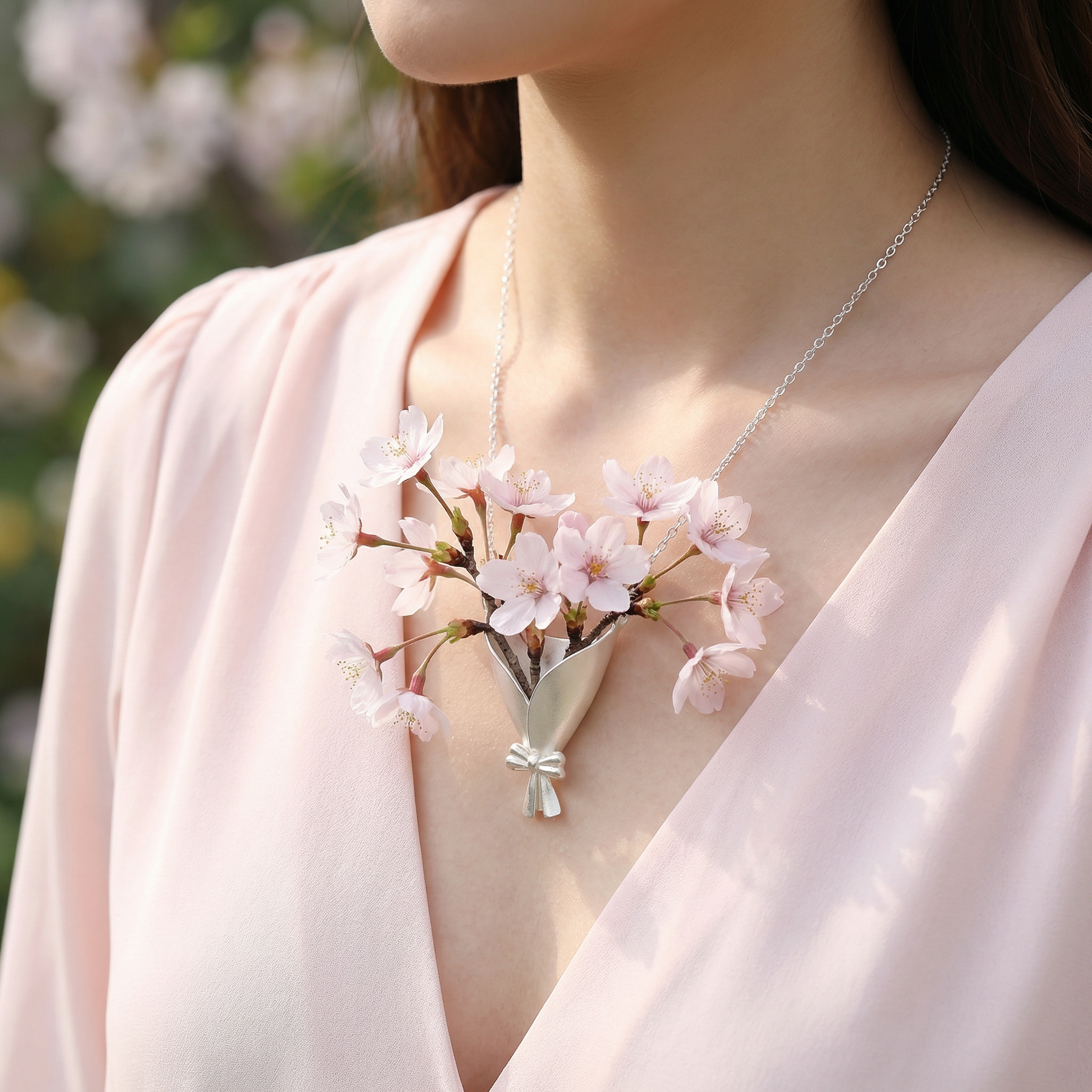 Necklace with cherry blossom design worn by a person in a soft pink outfit.