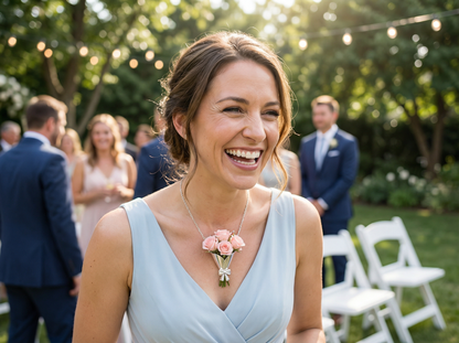 Woman in a light blue dress with a pink flower corsage at an outdoor event.