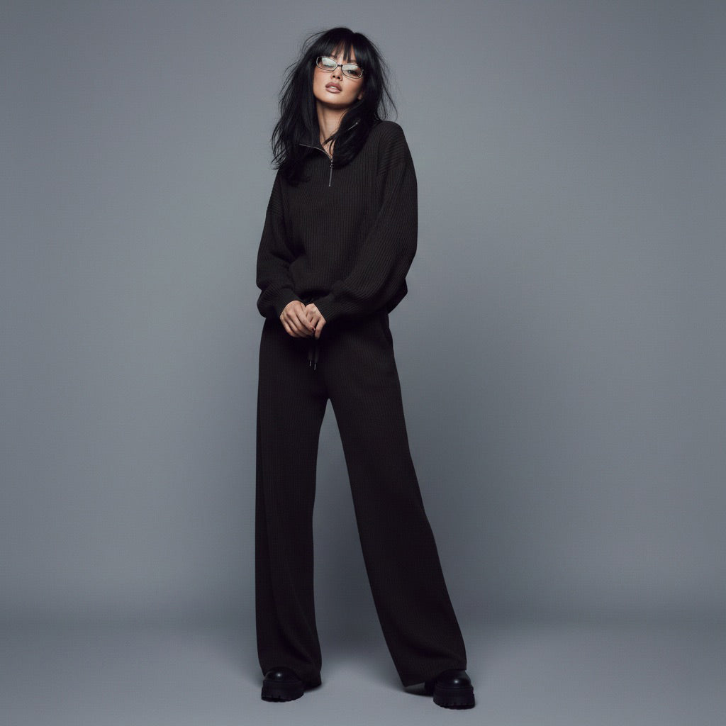 Person wearing a black outfit against a gray background