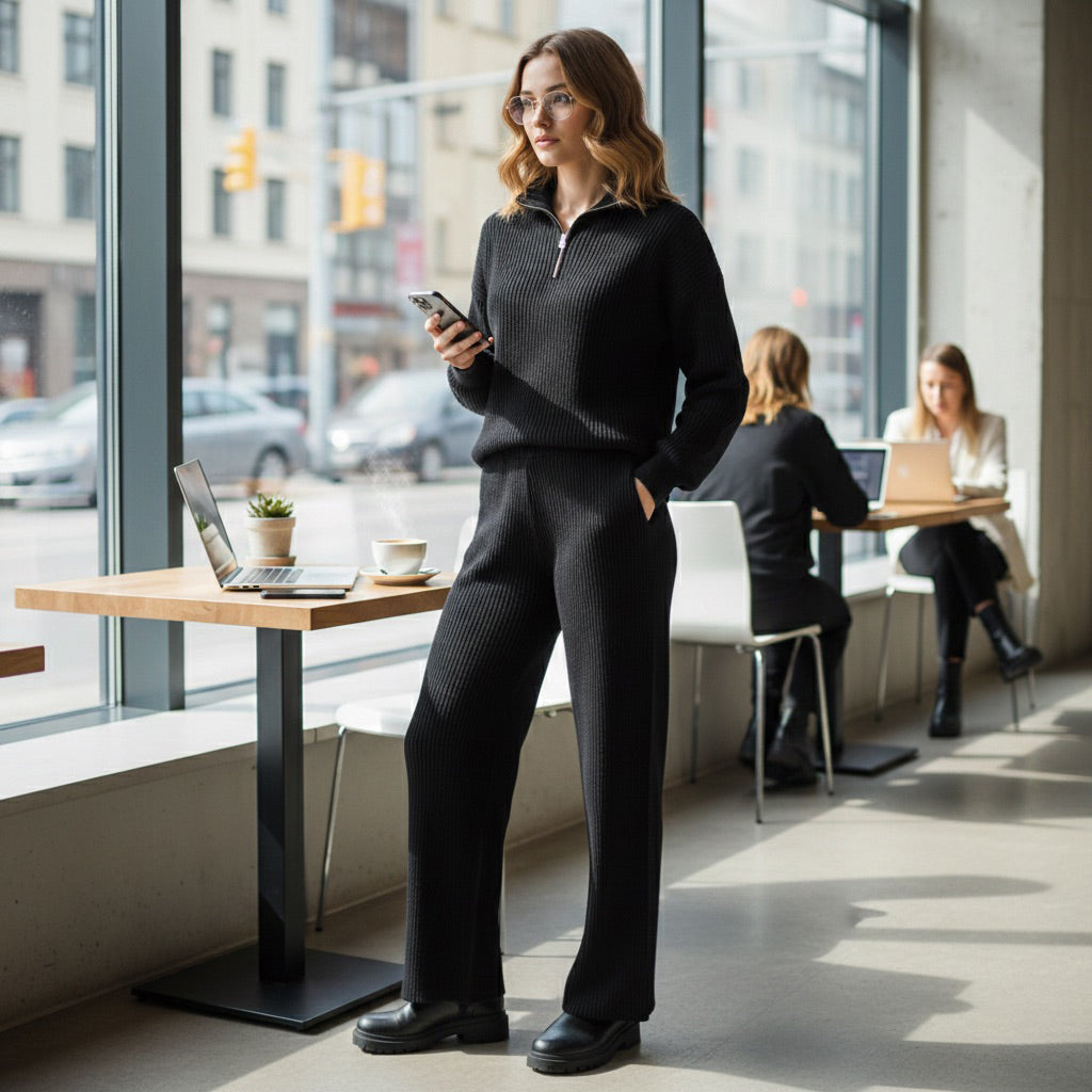 Woman in a black outfit standing in a modern office setting, holding a phone.
