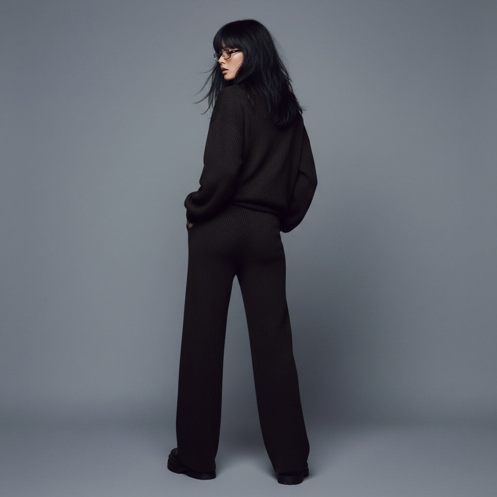 Person wearing a black outfit against a gray background