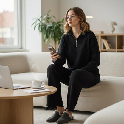 Woman sitting on a couch in a modern living room using a smartphone.