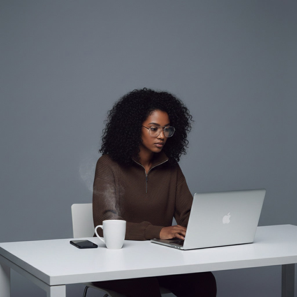 Person sitting at a desk with a laptop and a cup, against a gray background