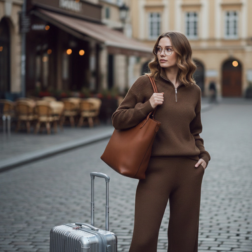 Woman in brown outfit with a suitcase and handbag on a city street