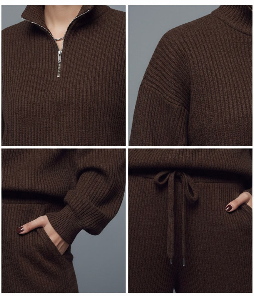 Brown ribbed sweater with a quarter zip and drawstring details, shown from different angles.